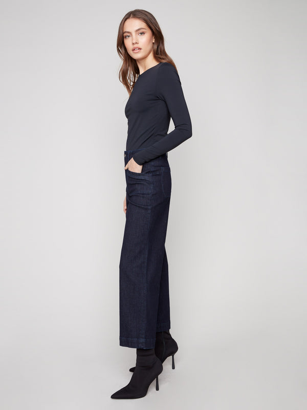 Cropped Wide Leg Stretch Jeans - Deep Blue