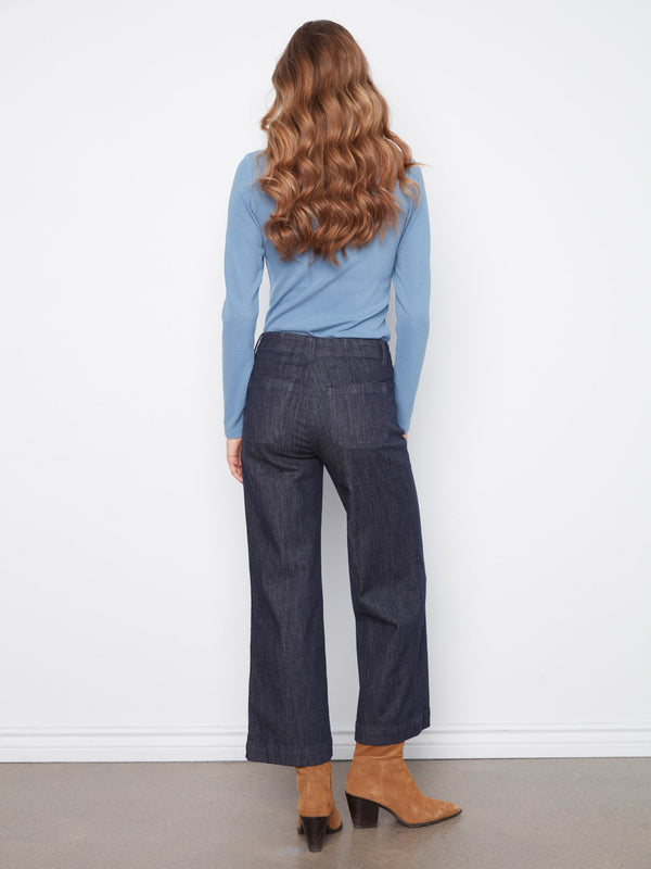 Cropped Wide Leg Stretch Jeans - Deep Blue