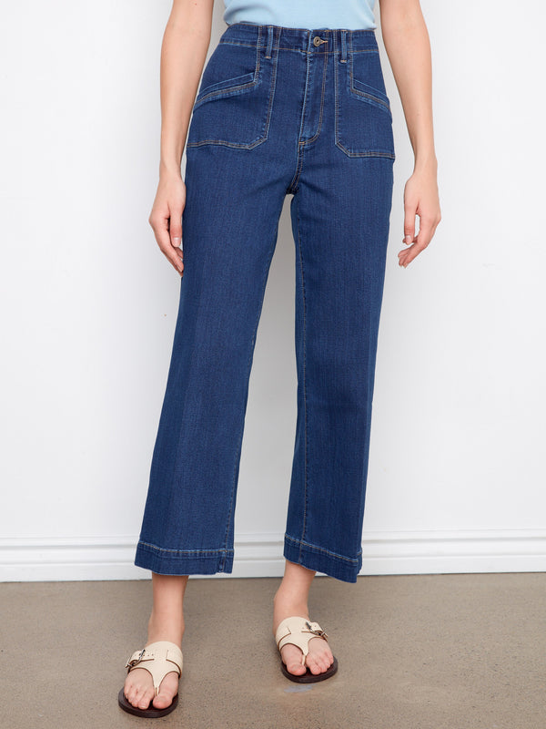 Cropped indigo jeans with stretch denim, perfect for versatile styling by Charlie B.