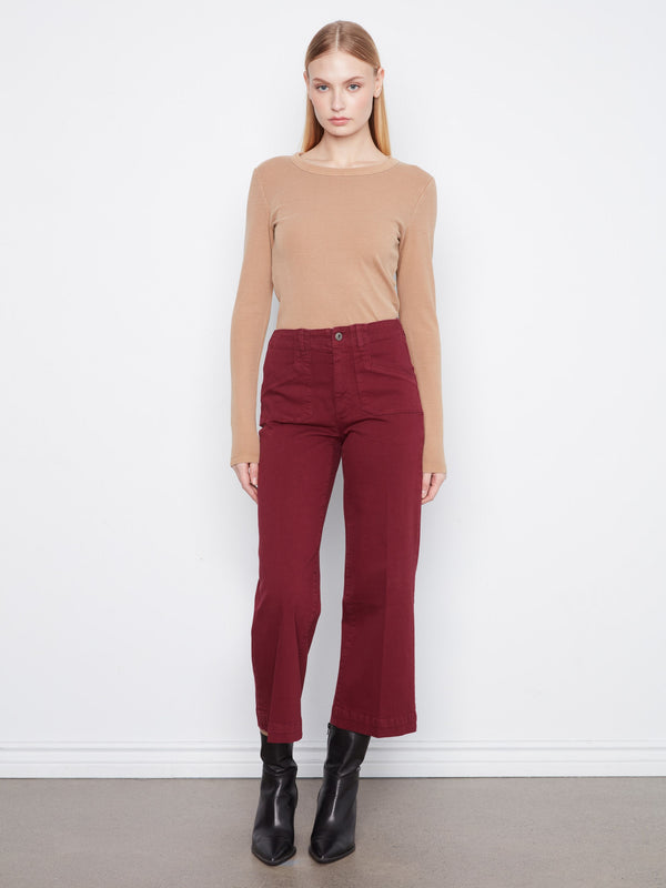Cropped Wide Leg Stretch Twill Pants - Merlot