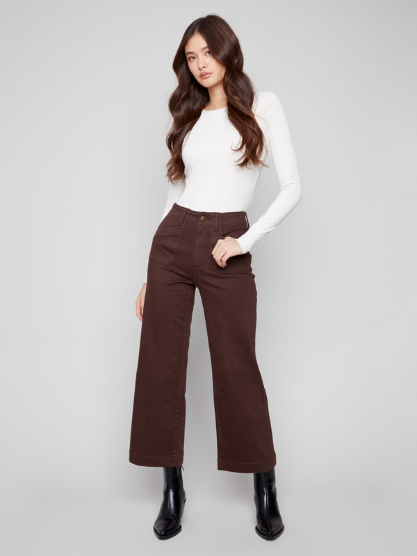 Mocha cropped pants featuring a flattering wide leg design, perfect for casual looks by Charlie B.