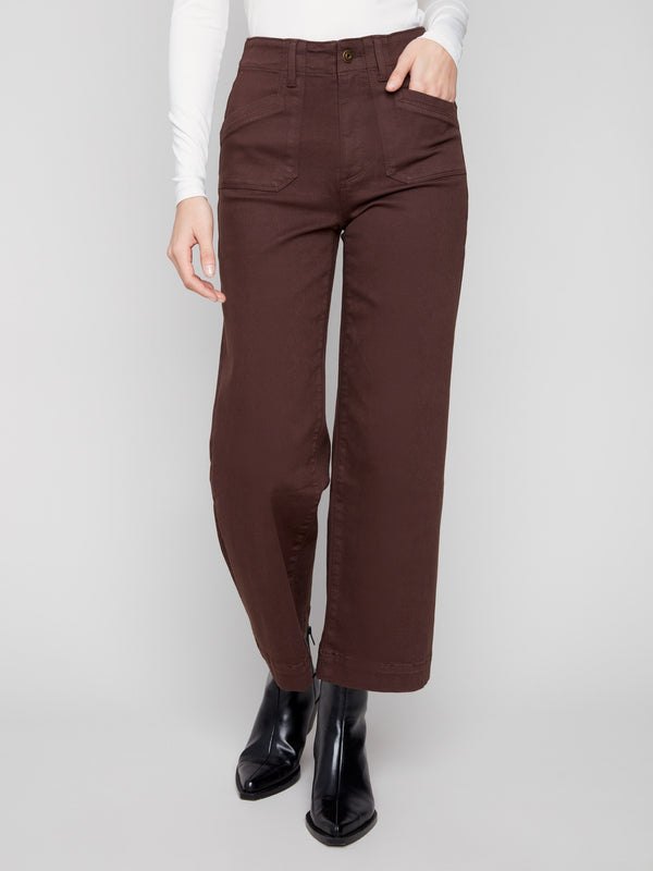Stylish mocha pants with convenient rectangular front patch pockets by Charlie B.