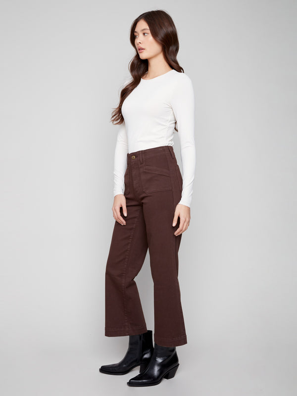 Chic mocha twill pants in a trendy cropped length for versatile styling by Charlie B.