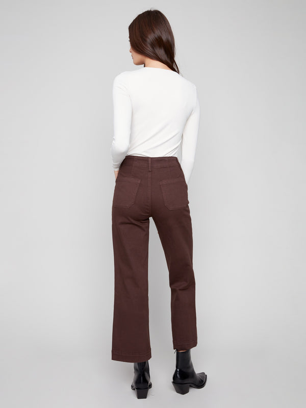 Comfortable stretch twill fabric in mocha adds ease to these fashionable pants by Charlie B.