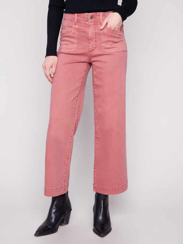 Cropped twill pants in a primrose hue with stylish patch pockets for added functionality by Charlie B.