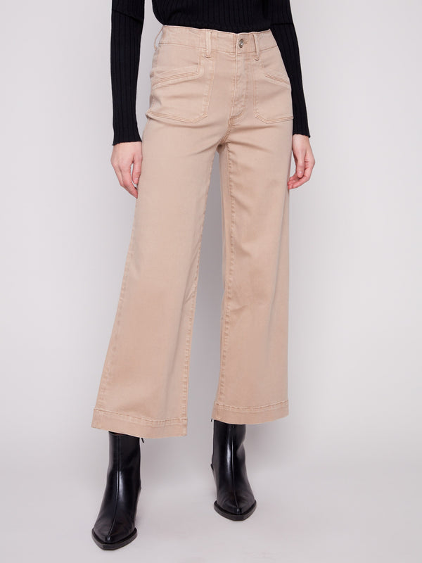 Cropped length sesame-colored pants crafted in stretch twill fabric for comfort and style by Charlie B.