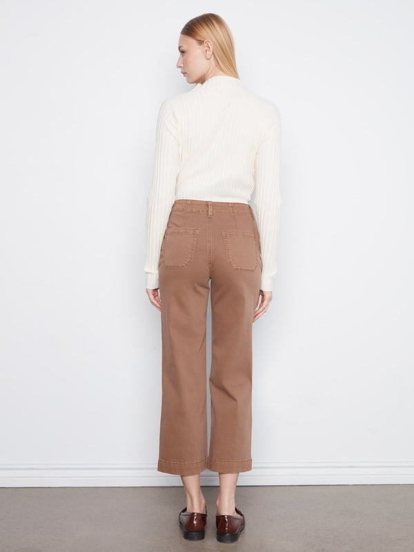 Cropped Wide Leg Stretch Twill Pants - Truffle