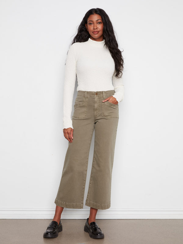 Cropped Wide Leg Stretch Twill Pants - Verveine