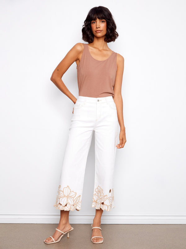 Cropped Wide Leg Twill Jeans With Floral Embroidery - White
