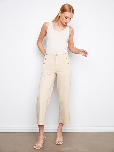 Stylish beige wide-leg pants in stretch twill fabric, highlighted by distinctive side button detail and a comfortable fit by Charlie B.