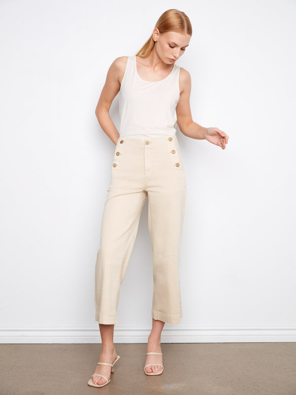 Stylish beige wide-leg pants in stretch twill fabric, highlighted by distinctive side button detail and a comfortable fit by Charlie B.