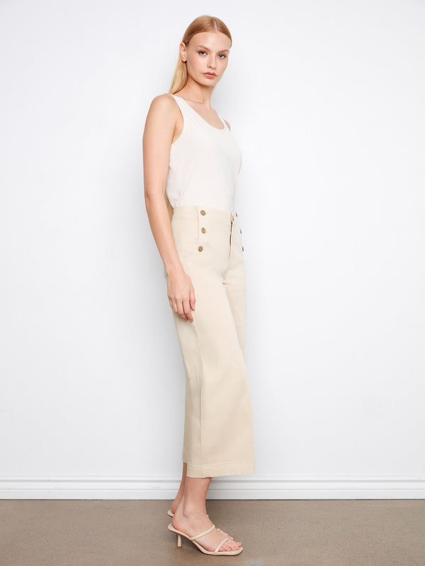 Beige wide-leg trousers featuring side buttons and made from luxurious stretch twill fabric for ultimate comfort and style by Charlie B.