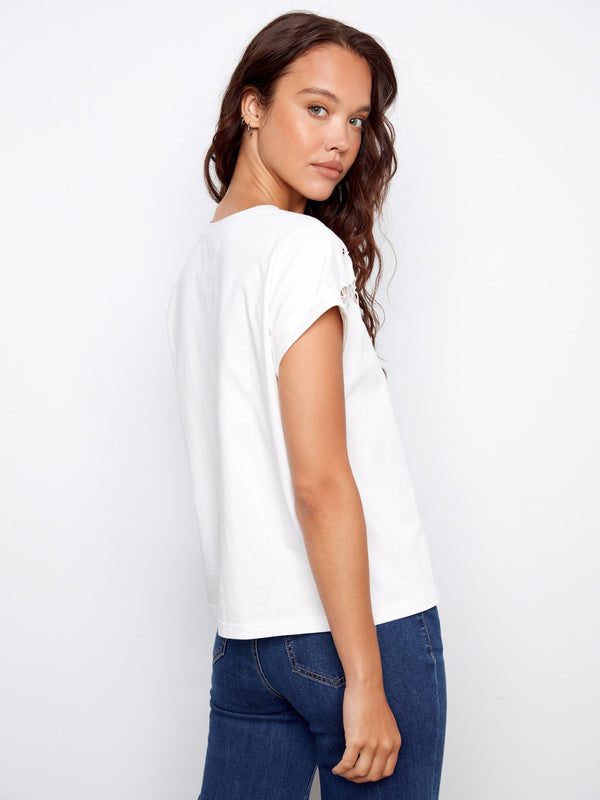 Cuffed Cotton T-Shirt With Embroidered Shoulders - White