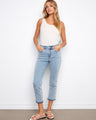Light blue jeans with a slim fit, featuring a five-pocket design and cuffed hem for style by Charlie B.
