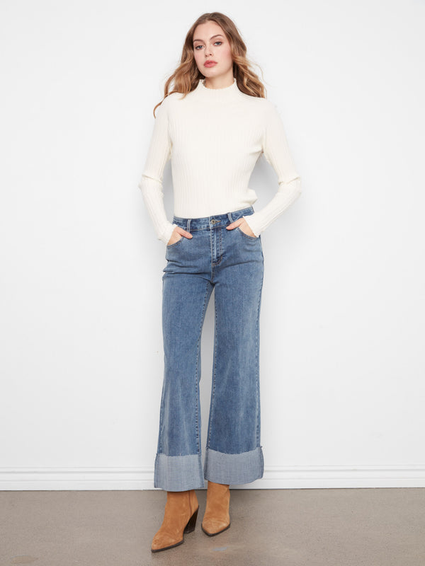 Cuffed Cropped Wide Leg Jeans - Medium Blue
