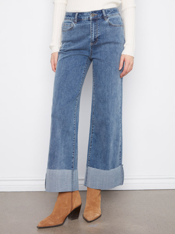 Cuffed Cropped Wide Leg Jeans - Medium Blue