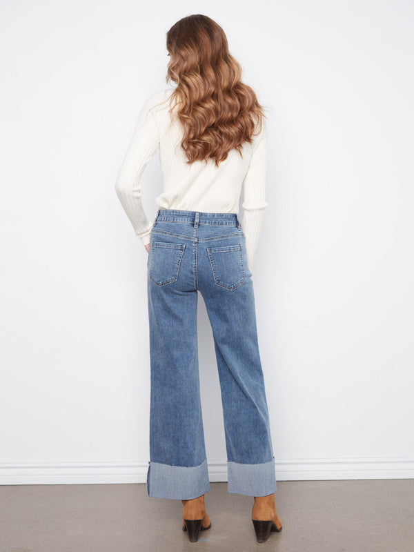 Cuffed Cropped Wide Leg Jeans - Medium Blue