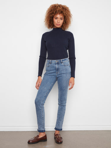 Jeans in medium blue with full length, crafted from soft stretch denim for ease of movement by Charlie B.