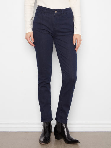 Elegant navy jeans in a full length cut, showcasing a stylish cuffed hem and button closure by Charlie B.