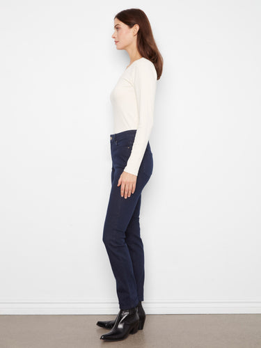Versatile slim-leg jeans in deep navy, made from stretch denim for ease of movement and style by Charlie B.