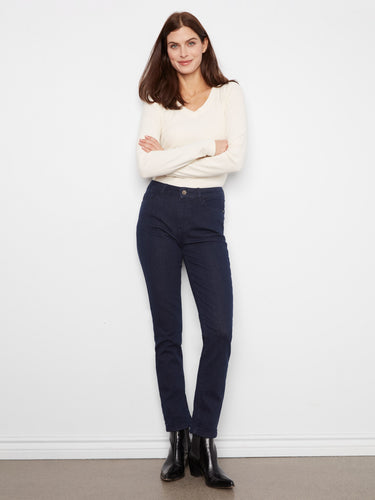 Sophisticated navy jeans featuring stretch denim fabric, offering both style and flexibility by Charlie B.
