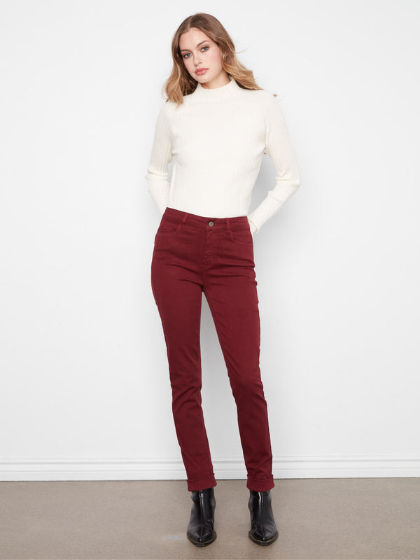 Cuffed Hem Twill Jeans - Merlot