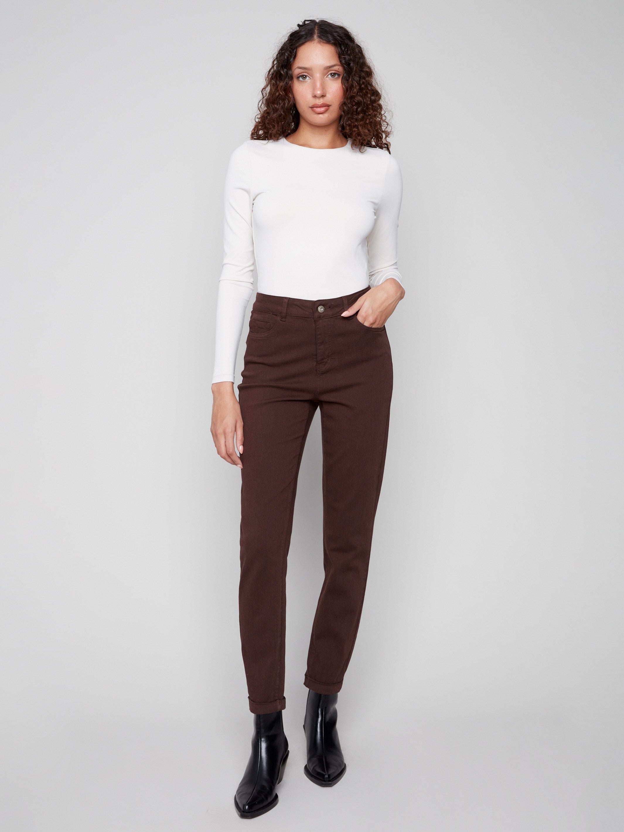 Mocha slim-leg twill jeans with cuffed hems, regular rise, and five-pocket design by Charlie B.