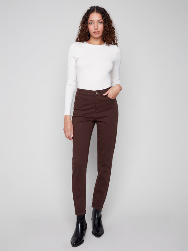 Mocha slim-leg twill jeans with cuffed hems, regular rise, and five-pocket design by Charlie B.