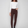 Mocha slim-leg twill jeans with cuffed hems, regular rise, and five-pocket design by Charlie B.