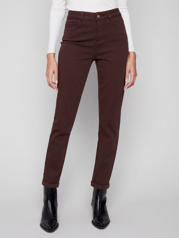 Mocha slim-leg twill jeans with cuffed hems, regular rise, and five-pocket design by Charlie B.