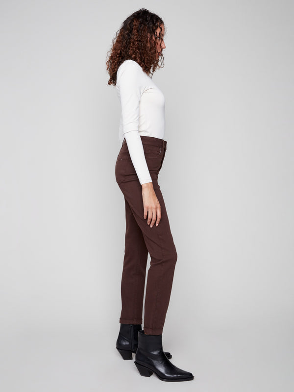 Mocha slim-leg twill jeans with cuffed hems, regular rise, and five-pocket design by Charlie B.