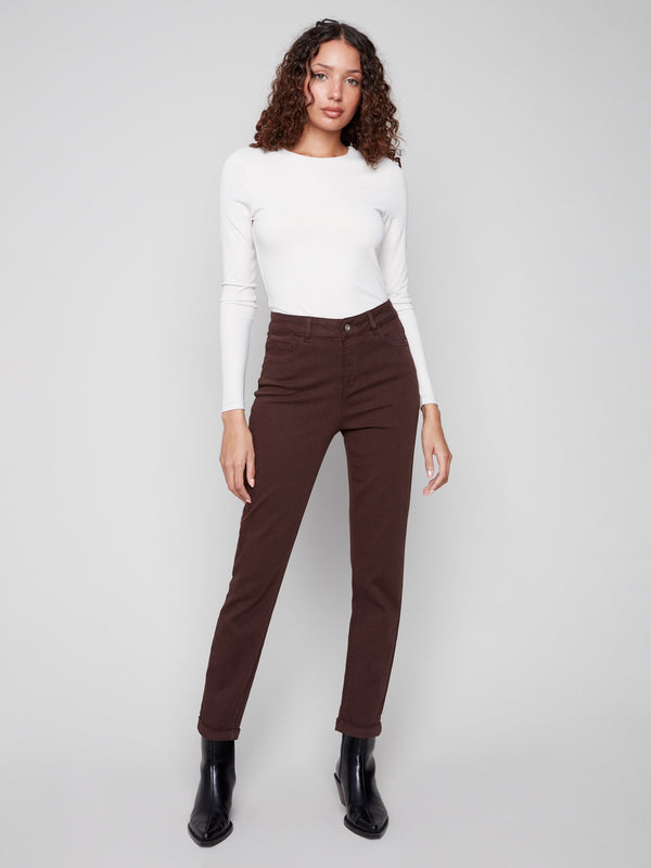 Mocha slim-leg twill jeans with cuffed hems, regular rise, and five-pocket design by Charlie B.