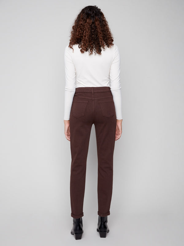 Mocha slim-leg twill jeans with cuffed hems, regular rise, and five-pocket design by Charlie B.