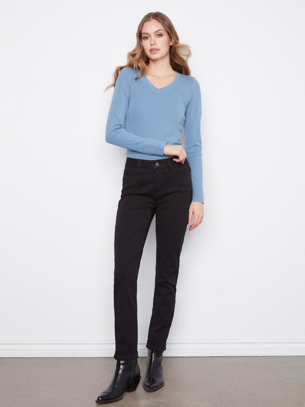 Cuffed Hem Twill Jeans - Black