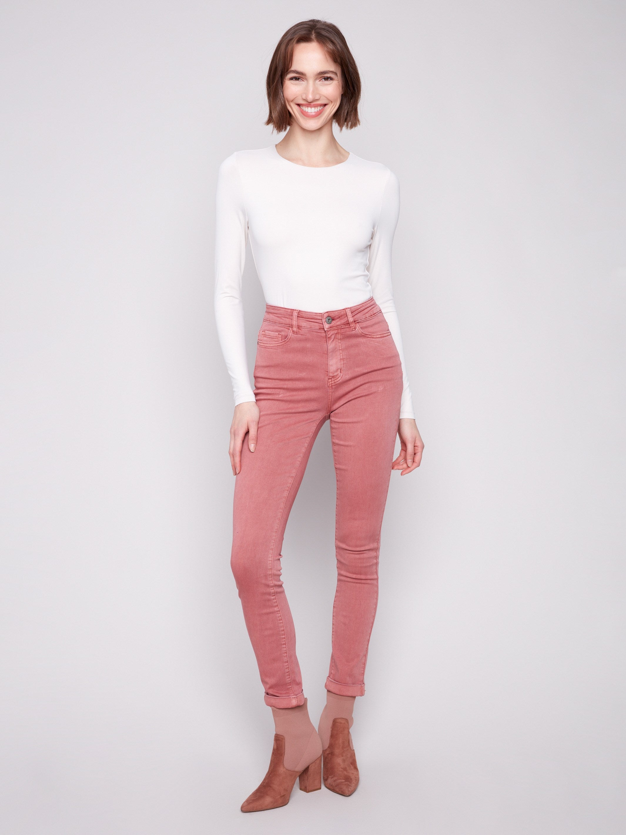 Primrose slim-leg twill jeans with cuffed hems, regular rise, and five-pocket design by Charlie B.