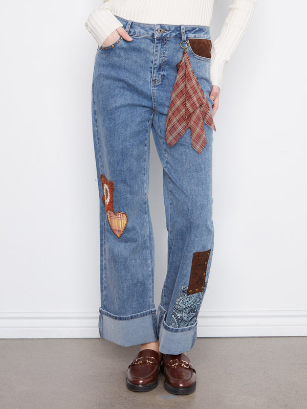 Cuffed Straight Leg Patchwork Jeans - Medium Blue