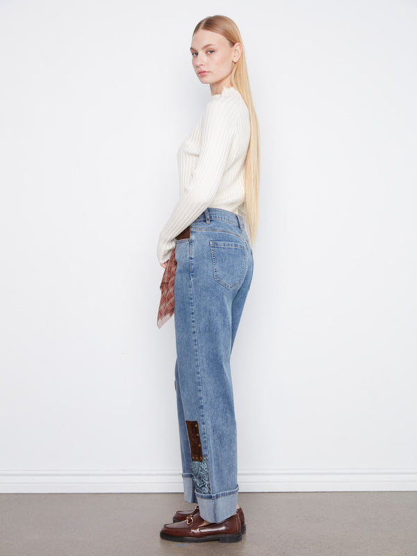 Cuffed Straight Leg Patchwork Jeans - Medium Blue