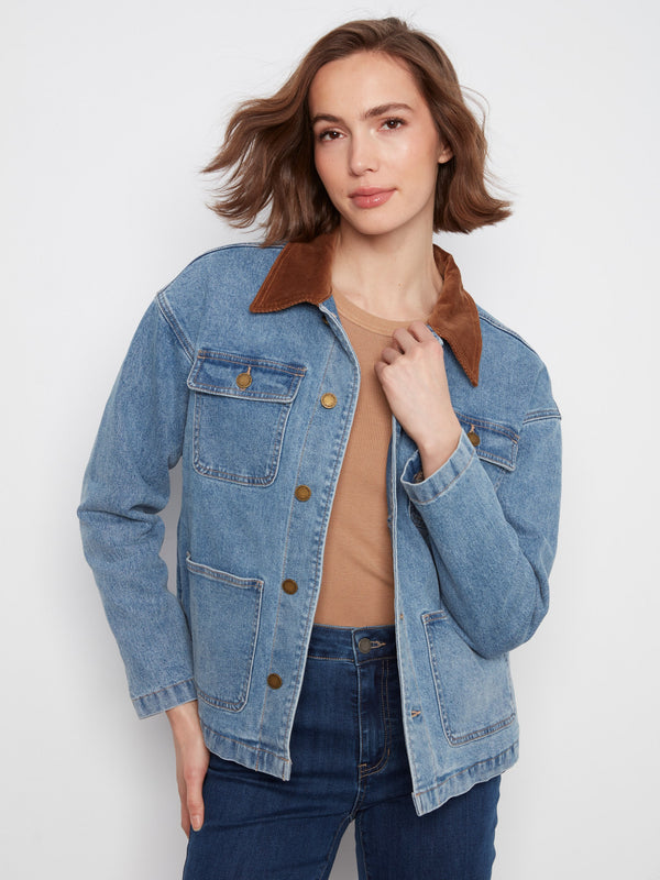 Denim Barn Jacket With Corduroy Collar - Denim Blue