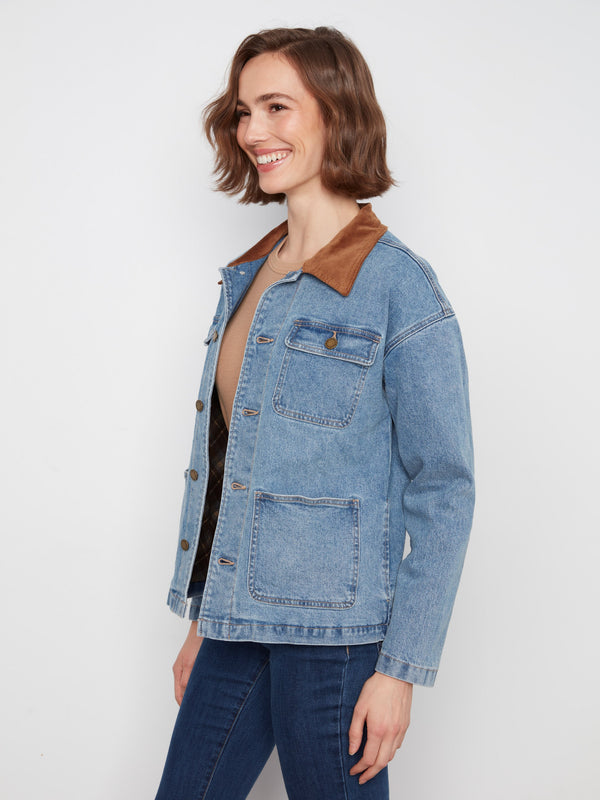Denim Barn Jacket With Corduroy Collar - Denim Blue