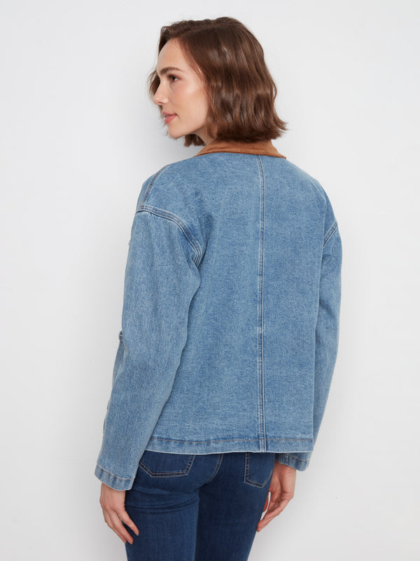 Denim Barn Jacket With Corduroy Collar - Denim Blue