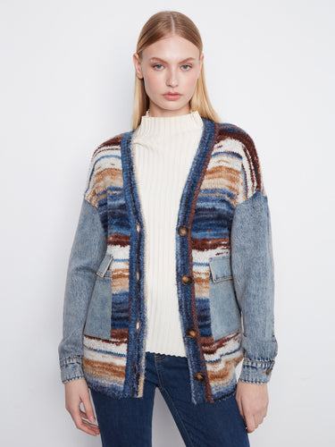 Cardigan with button-front closure, showcasing a space dye pattern and denim blend for a unique look by Charlie B.