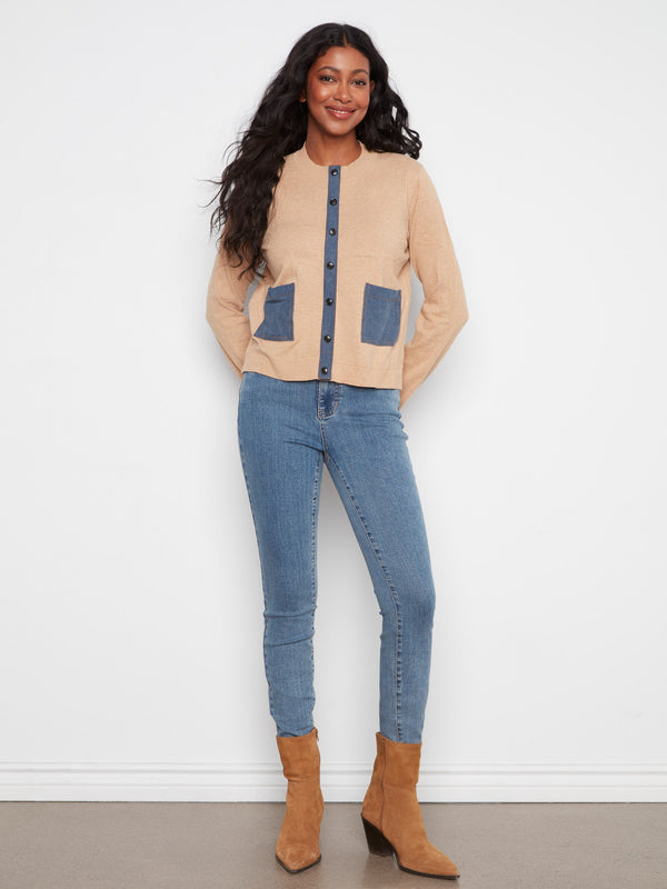 Denim Detail Cotton Sweater - Heather Camel