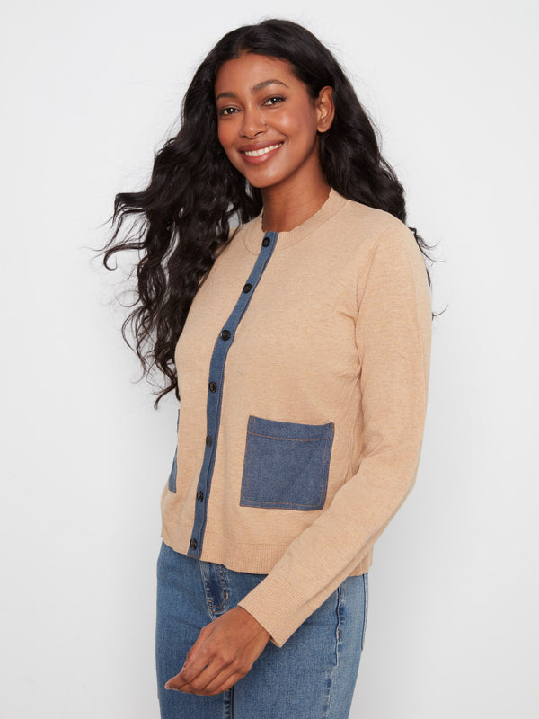 Denim Detail Cotton Sweater - Heather Camel