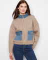 Heather sand sweater jacket featuring drop shoulders and a stylish zip closure, complemented by denim collar by Charlie B.
