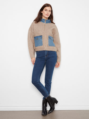 Chic heather sand sweater with eye-catching denim patch pockets, perfect for a casual yet refined look by Charlie B.