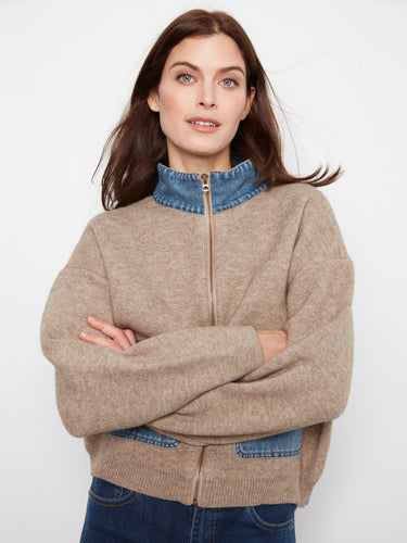 Elegant heather sand jacket with long sleeves and a fashionable zip-front closure, accented with denim details by Charlie B.
