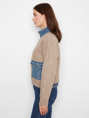 Heather sand zip-front sweater jacket highlighted with a stand denim collar, offering both comfort and style by Charlie B.