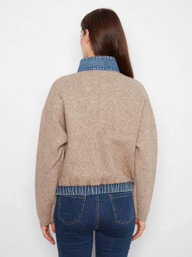 Trendy heather sand jacket featuring drop shoulders and chic denim accents for a modern twist on classic style by Charlie B.