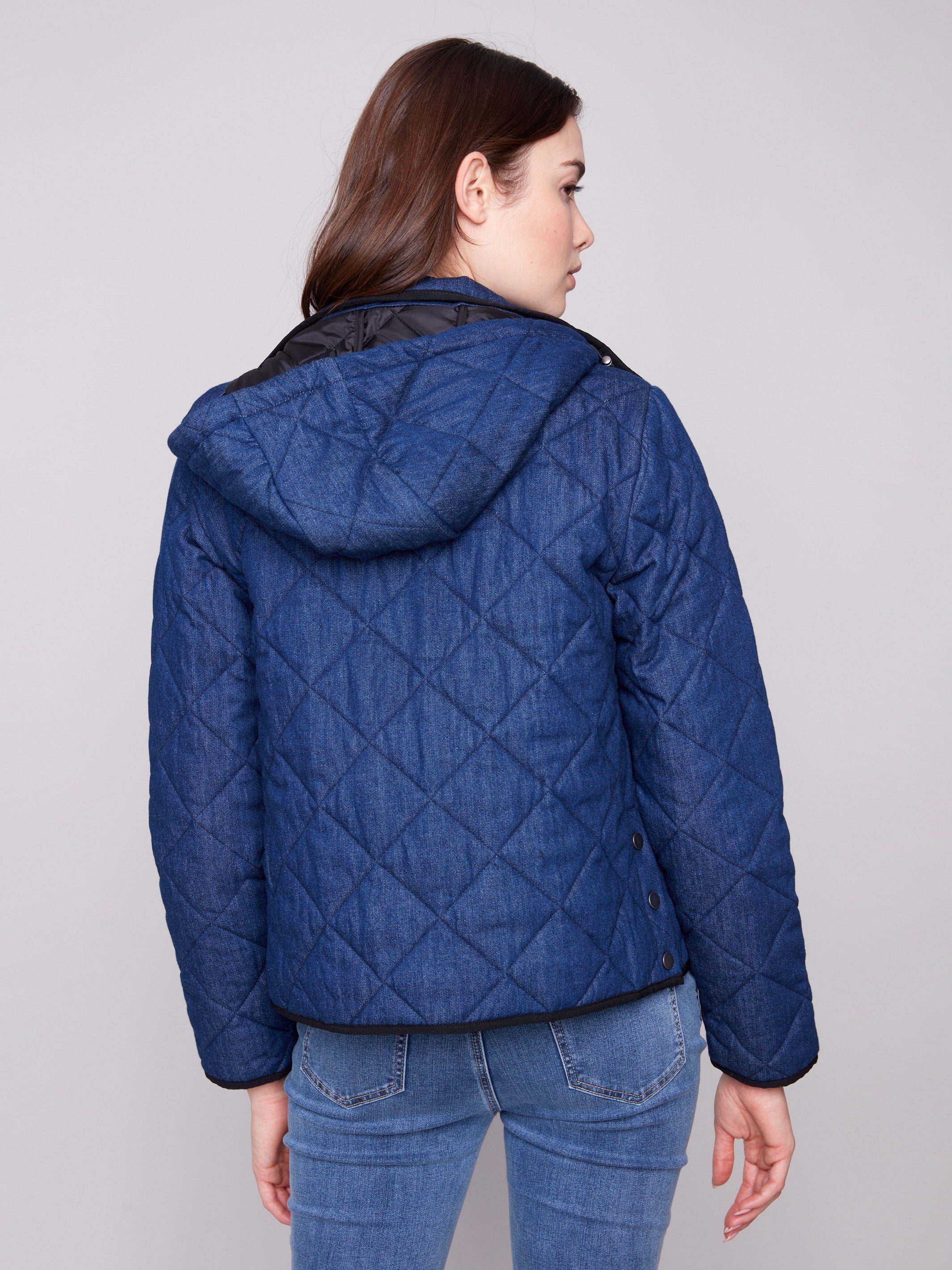 Quilted puffer jacket in classic blue with durable 100% cotton exterior, perfect for any casual outing by Charlie B.