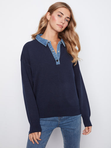 Navy sweater featuring a denim shirt collar for a chic contrast, perfect for casual outings or layering. By Charlie B.